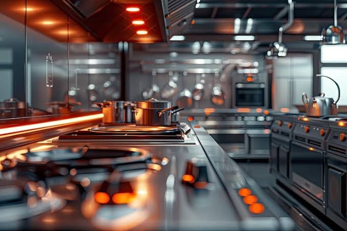 Cozinha industrial com equipamentos em aço inox